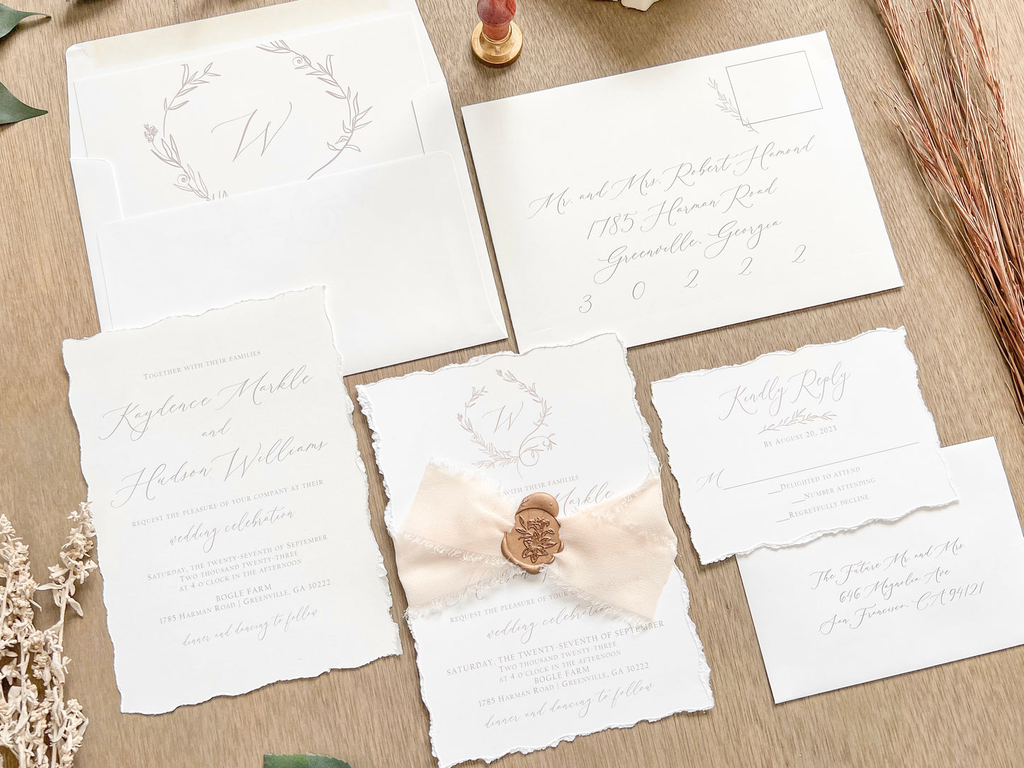 Modern Elegant Wedding Invitation with Light Nude Chiffon & Wax Seal