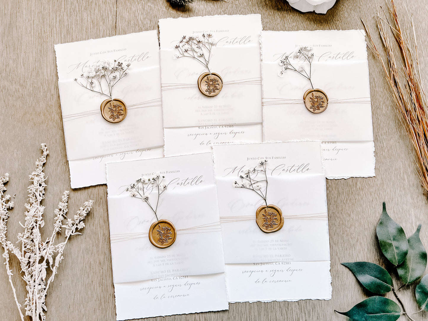 Vintage Ivory Baby’s Breath Wedding Invitation with Deckled Edging, Vellum Belly Band and Wax Seal