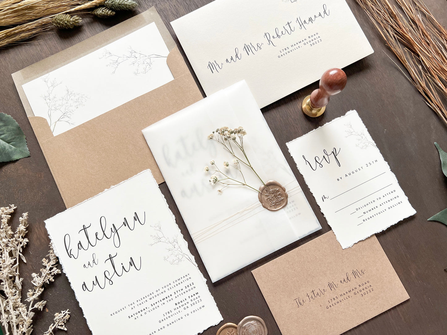 Baby’s Breath Wedding Invitation with Deckled Edging, Vellum Wrap and Wax Seal