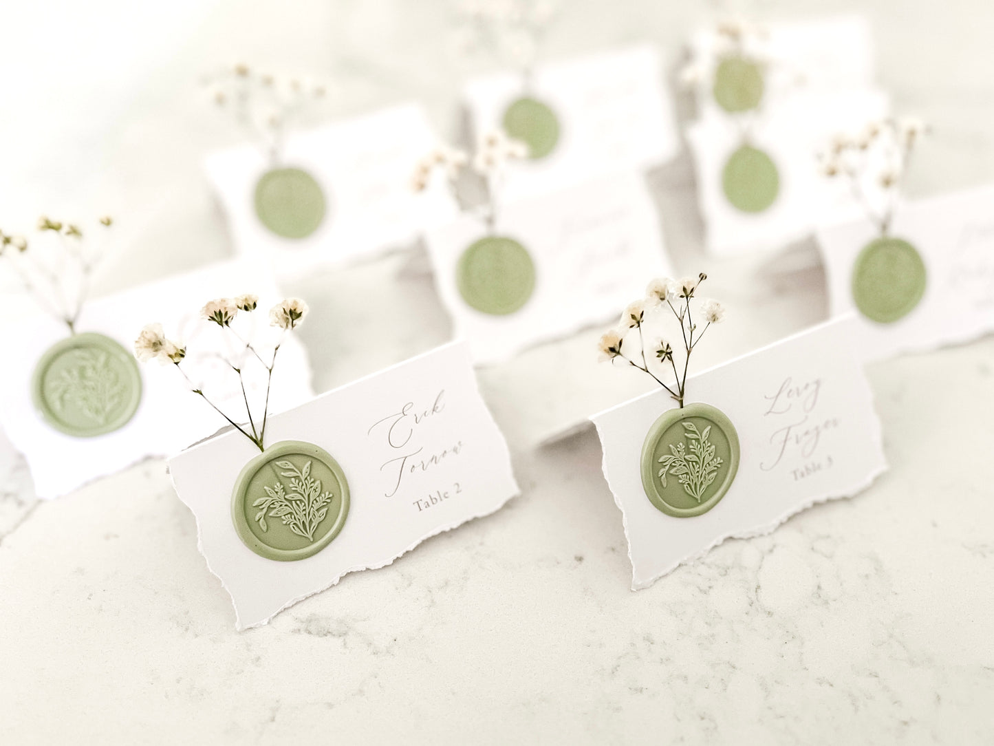 Folding Tent Wedding Place Cards with Baby’s Breath, Wax Seal and Deckled Edging