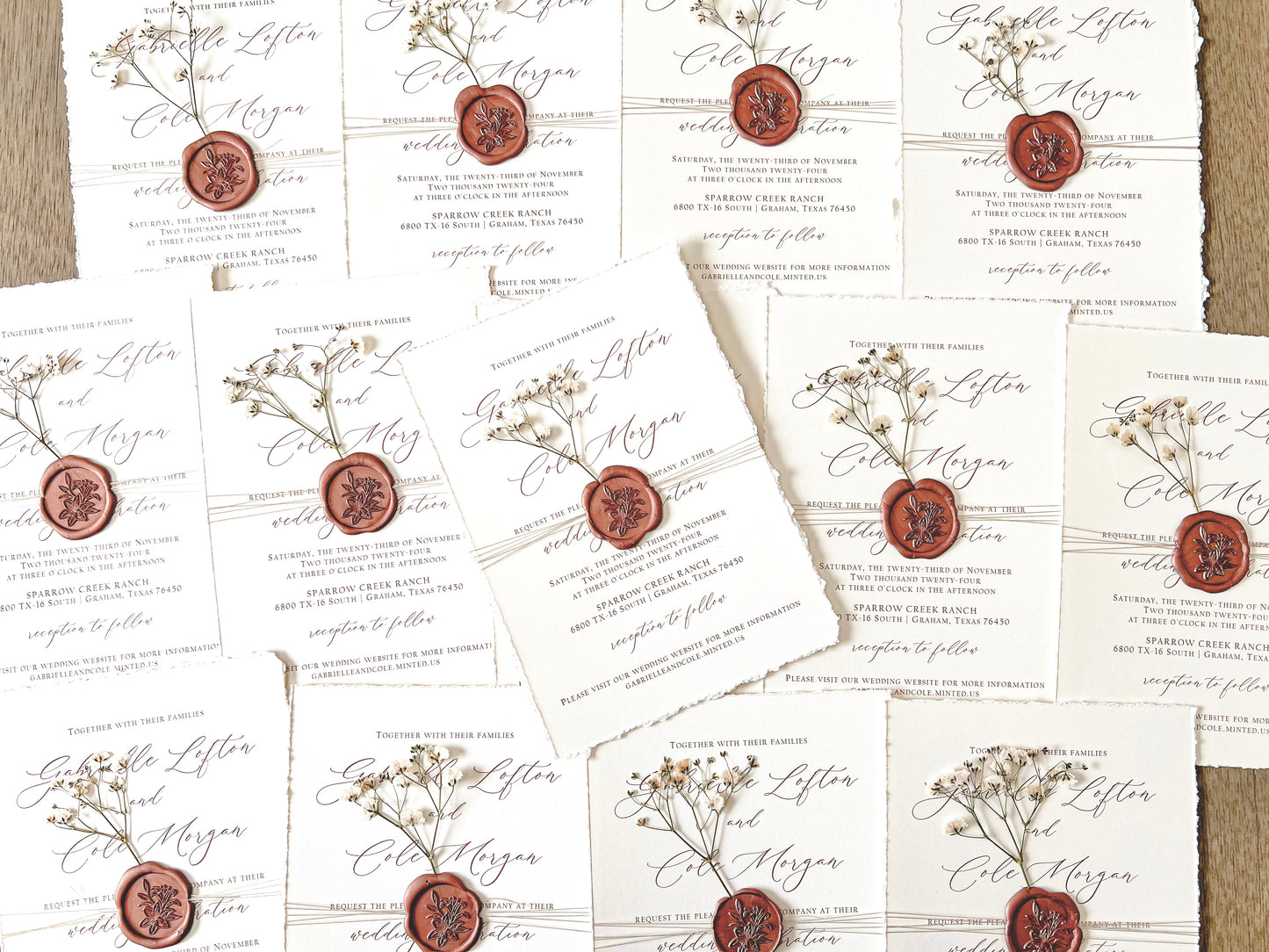 Ivory Baby’s Breath Wedding Invitation with Deckled Edging, Khaki Thread and Copper Wax Seal