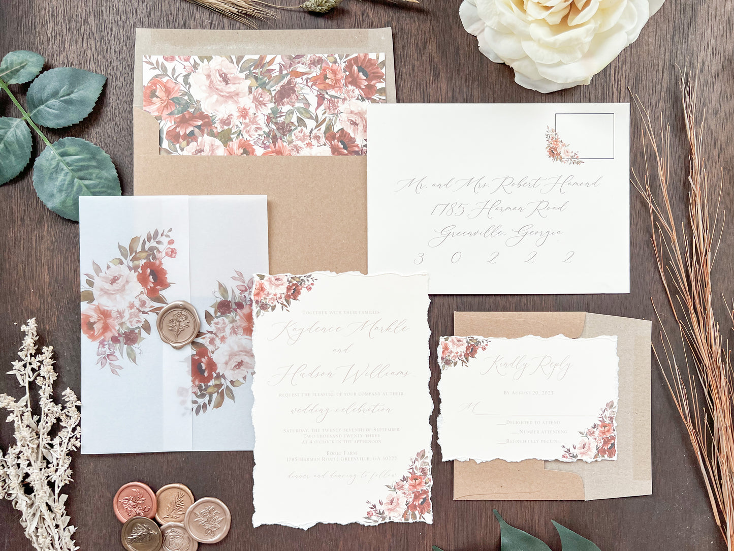 Copper & Rust Foliage Boho Wedding Invitation with Deckled Edging, Vellum & Wax Seal