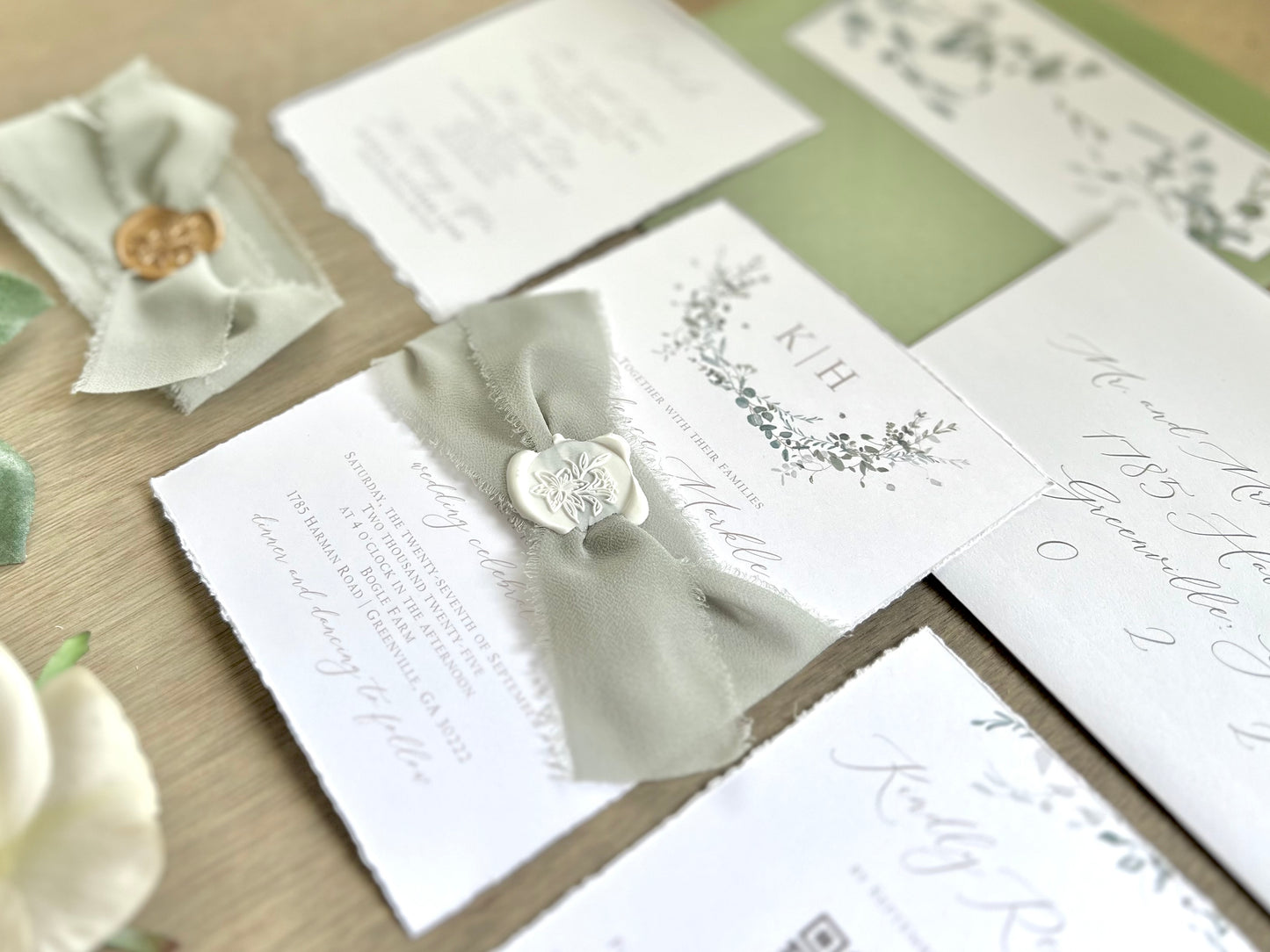 Monogram Wedding Invitation with Laurel Wreath, Dusty Sage Green Ribbon, Wax Seal & Deckled Edging