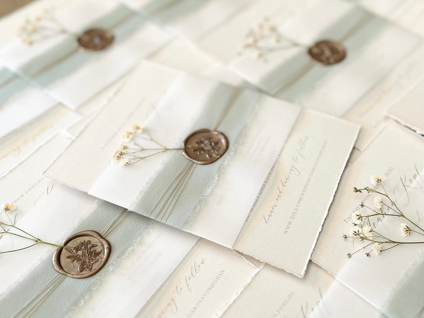 Muted Sage Green Wedding Invitation with Deckled Edging, Vellum, Ribbon, Baby’s Breath and Wax Seal