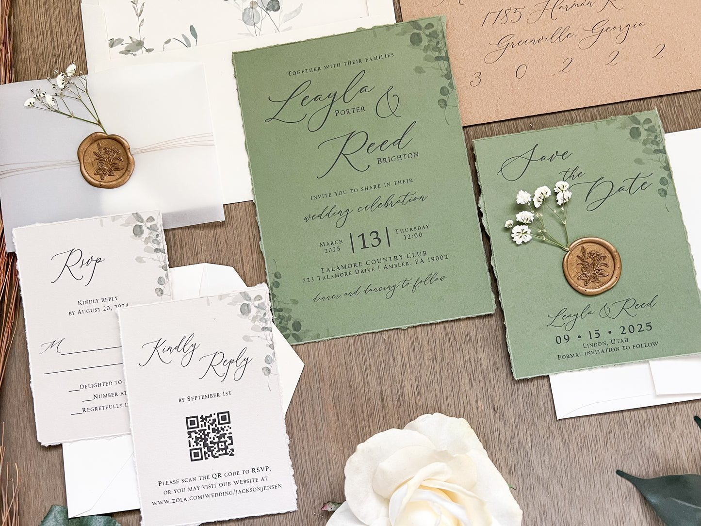 Sage Green and Baby’s Breath Wedding Invitation with Deckled Edging, Vellum Belly Band and Wax Seal