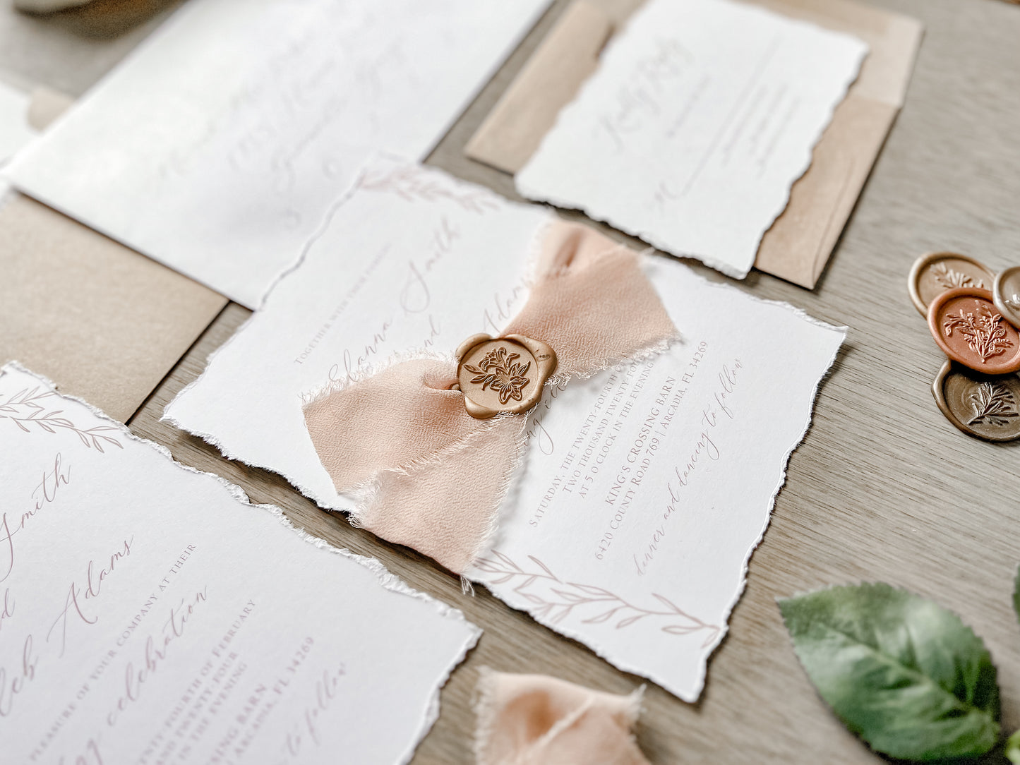 Light Brown Ribbon Wedding Invitation with Deckled Edging & Antique Gold Wax Seal