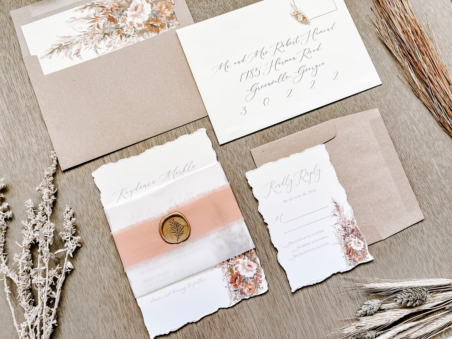 Rose Gold Wedding Invitation with Pampas Grass, Terracotta Beige Florals, Deckled Edging, Vellum Belly Band, Chiffon Ribbon and Wax Seal