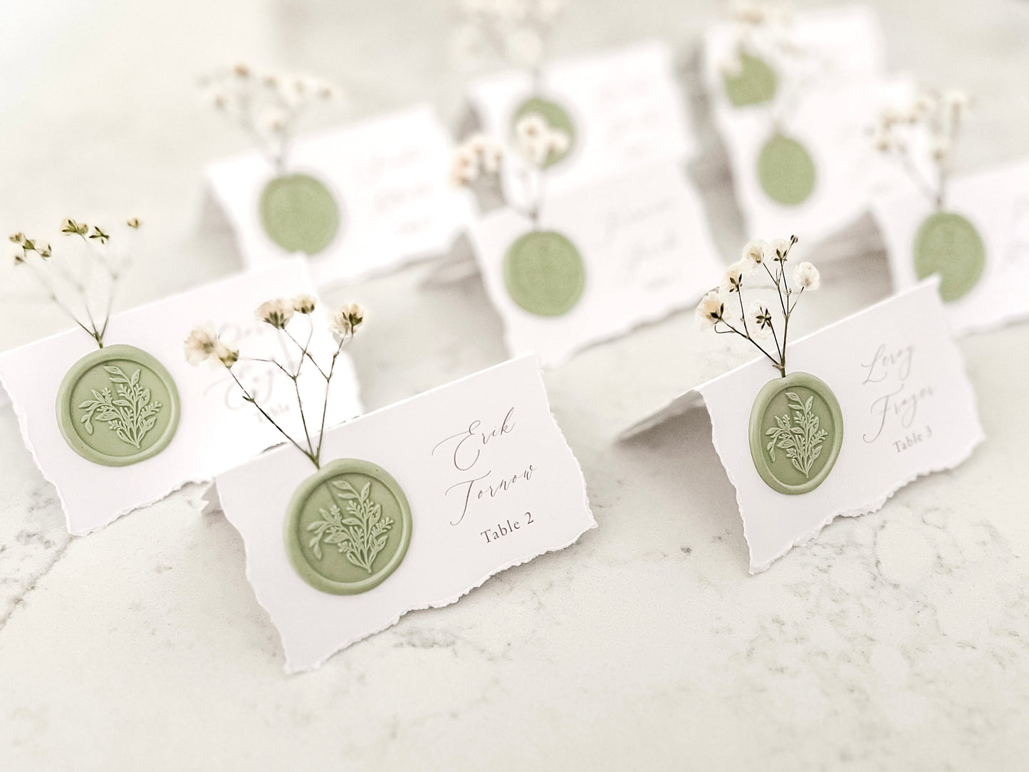 Folding Tent Wedding Place Cards with Baby’s Breath, Wax Seal and Deckled Edging