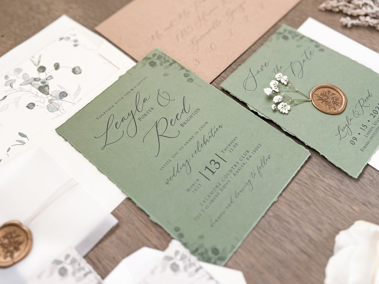 Sage Green and Baby’s Breath Wedding Invitation with Deckled Edging, Vellum Belly Band and Wax Seal