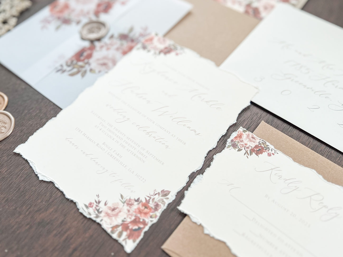 Copper & Rust Foliage Boho Wedding Invitation with Deckled Edging, Vellum & Wax Seal