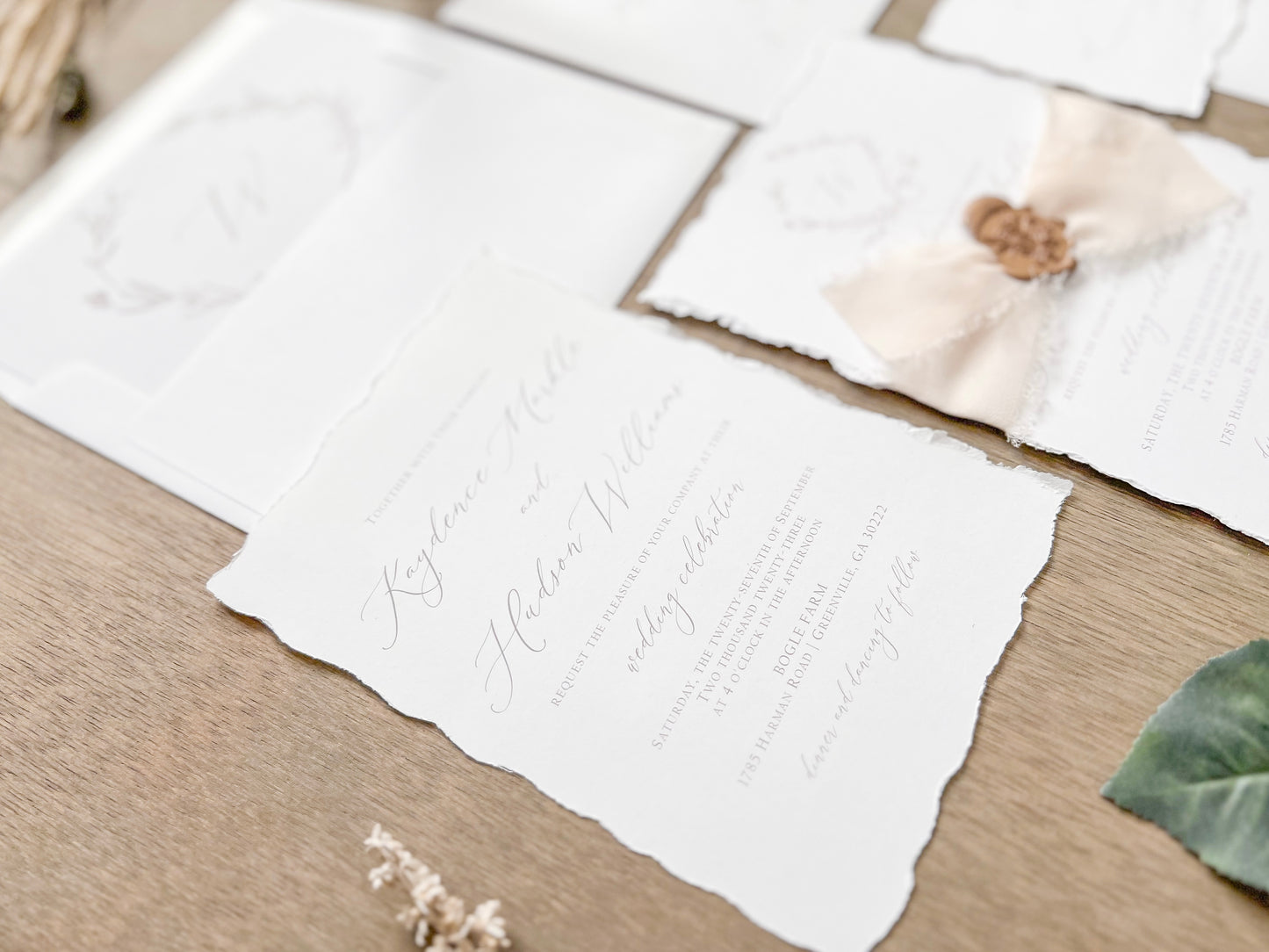 Modern Elegant Wedding Invitation with Light Nude Chiffon & Wax Seal