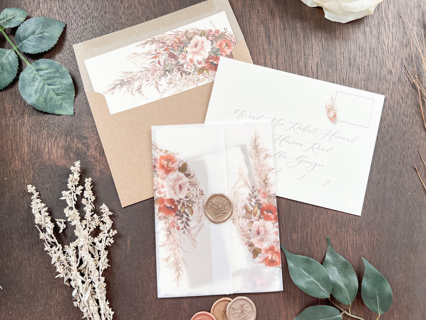 Pampas & Copper Foliage Boho Wedding Invitation with Deckled Edging, Vellum & Wax Seal