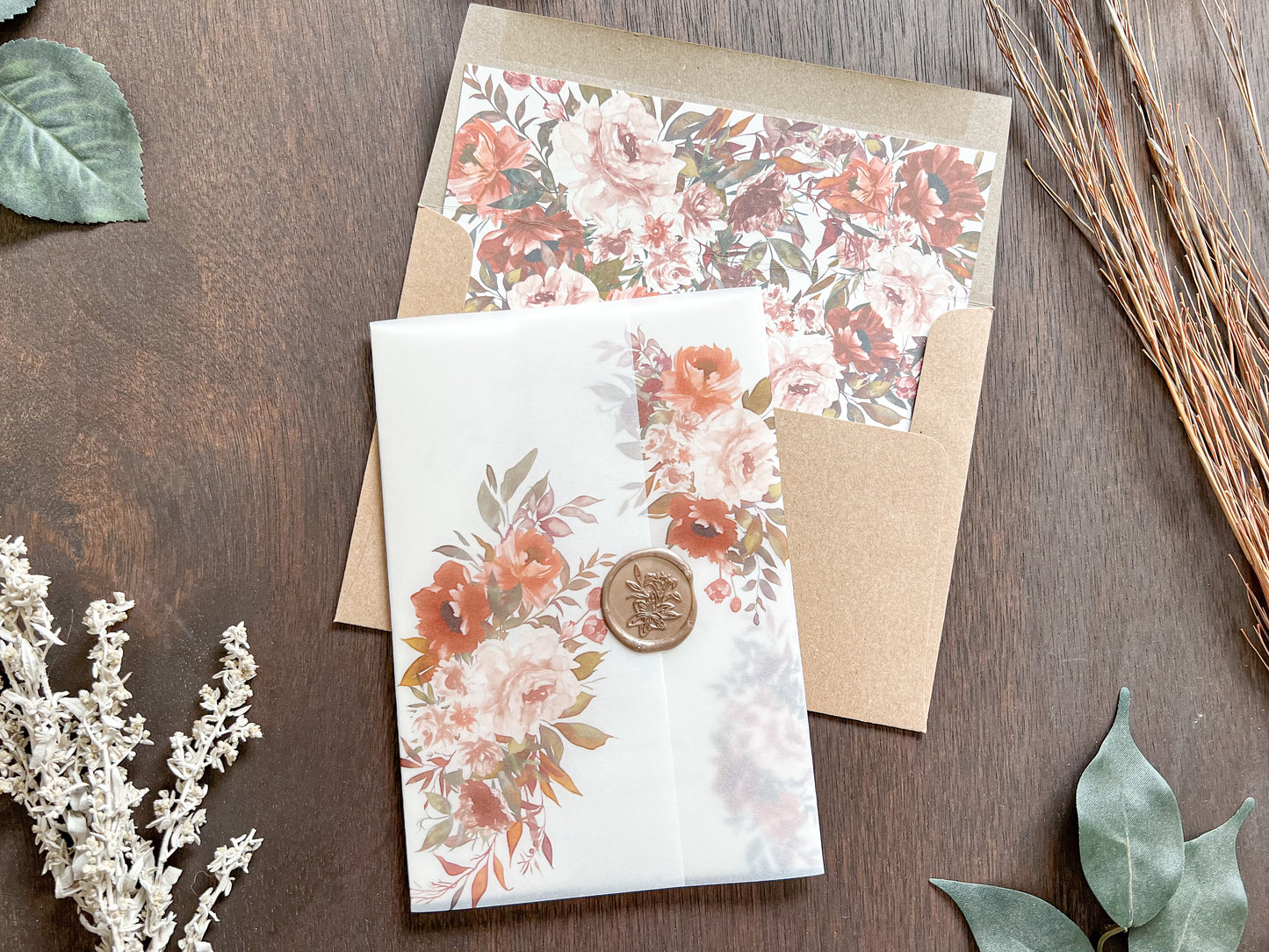 Boho Wedding Invitation wrapped in Vellum & Wax Seal with Copper, Burnt Orange & Rust Foliage