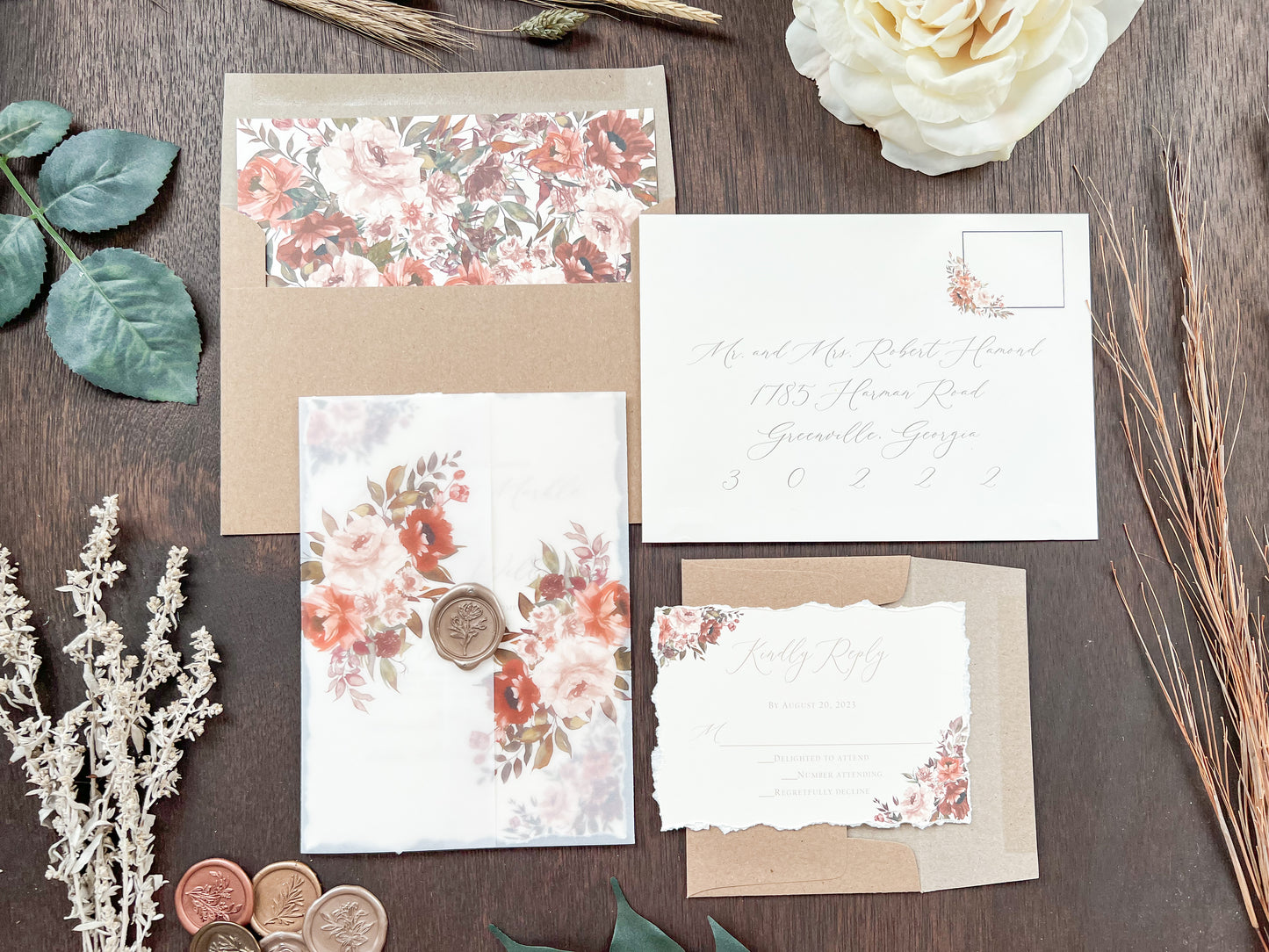 Copper & Rust Foliage Boho Wedding Invitation with Deckled Edging, Vellum & Wax Seal