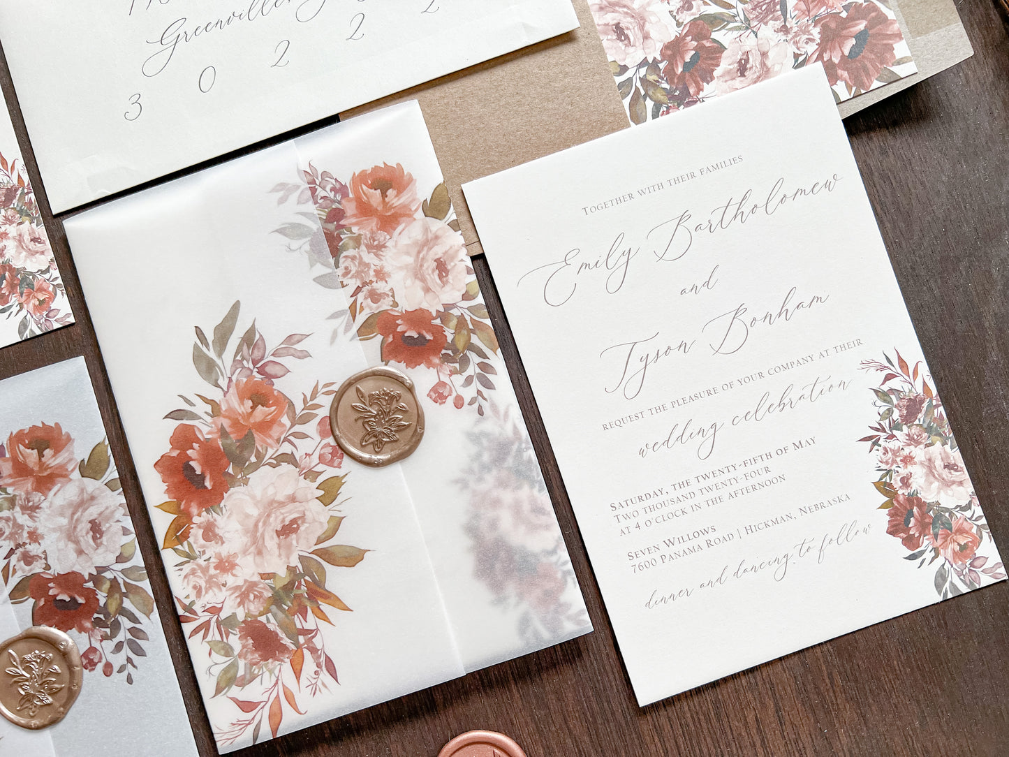Boho Wedding Invitation wrapped in Vellum & Wax Seal with Copper, Burnt Orange & Rust Foliage