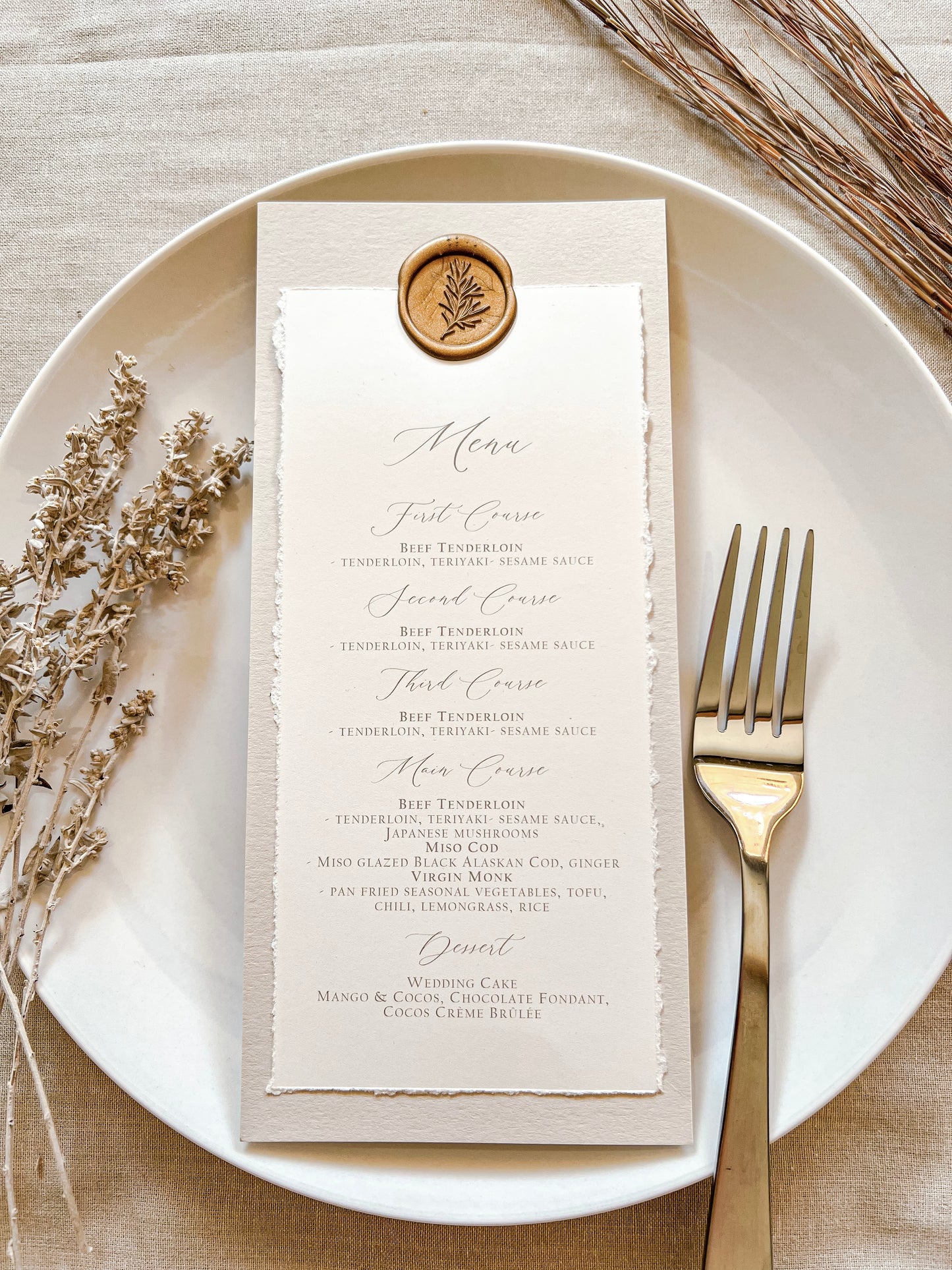 Wedding Menus with Deckled Edge and Colored Backing