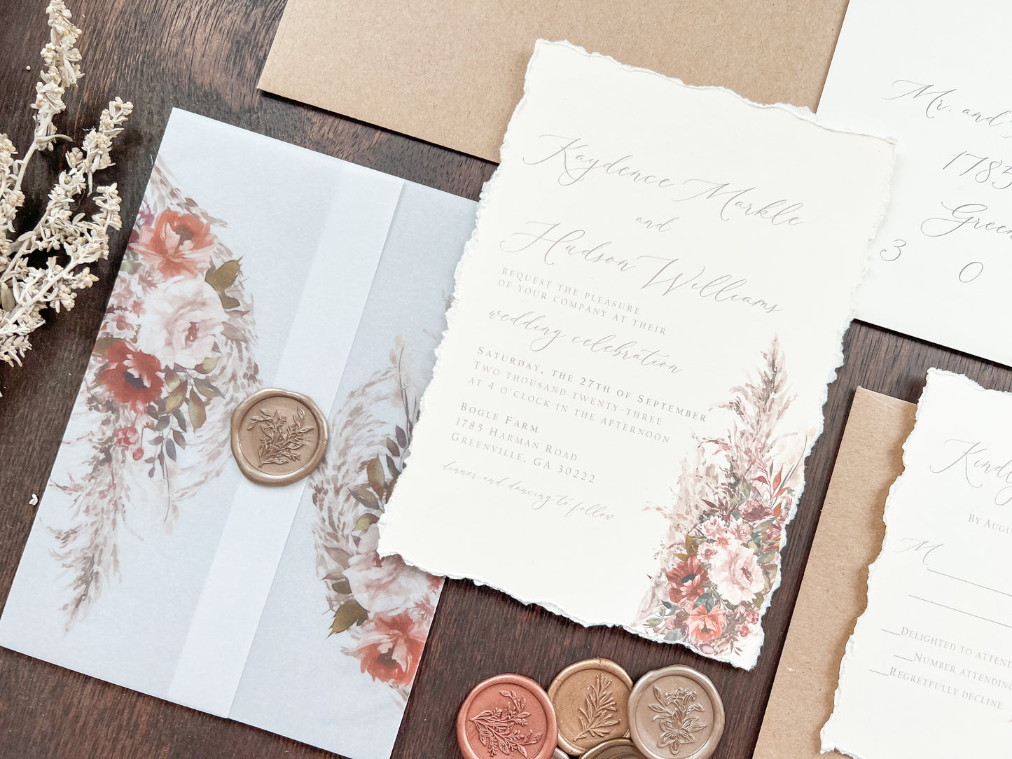 Pampas & Copper Foliage Boho Wedding Invitation with Deckled Edging, Vellum & Wax Seal