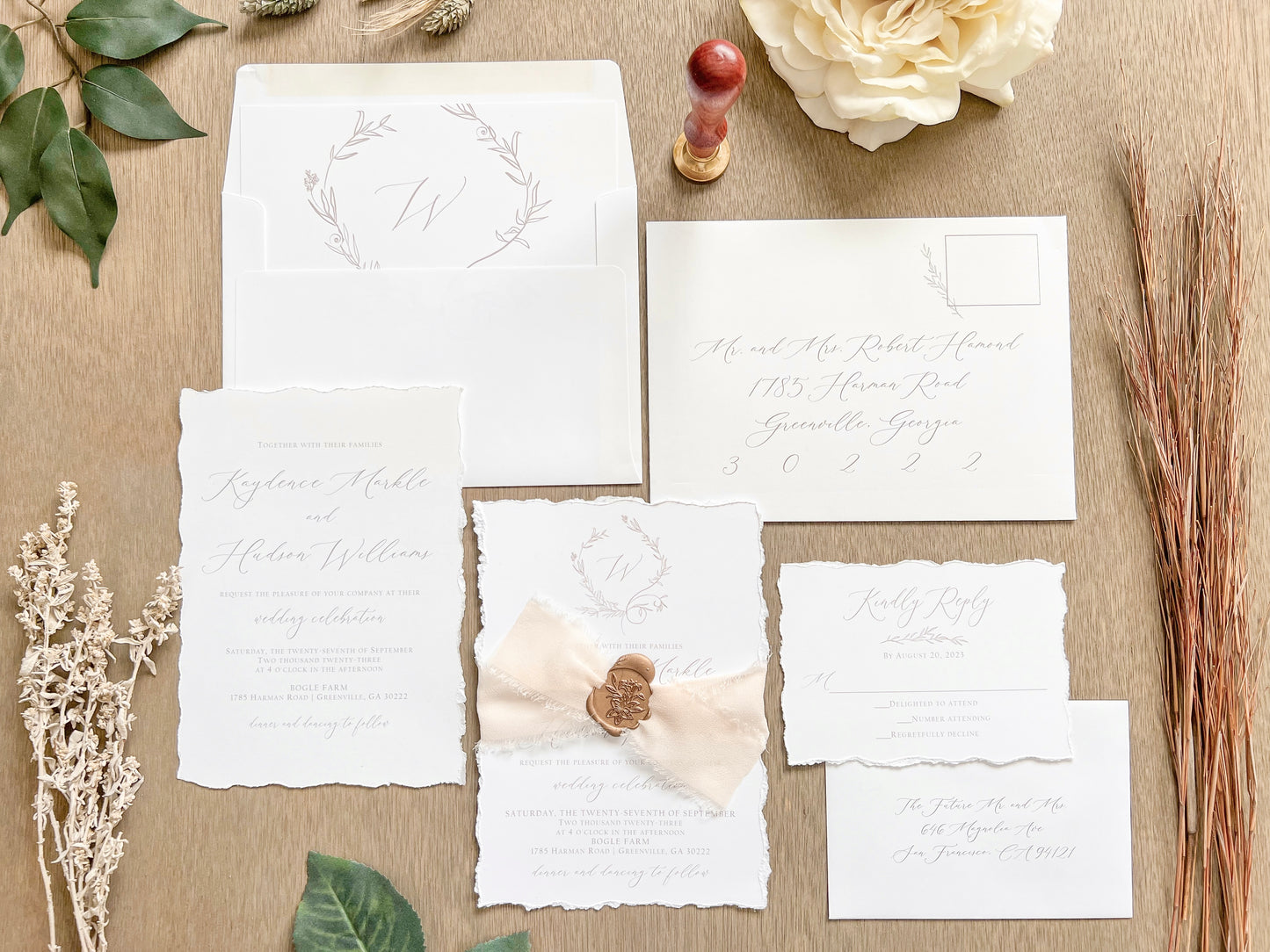 Modern Elegant Wedding Invitation with Light Nude Chiffon & Wax Seal