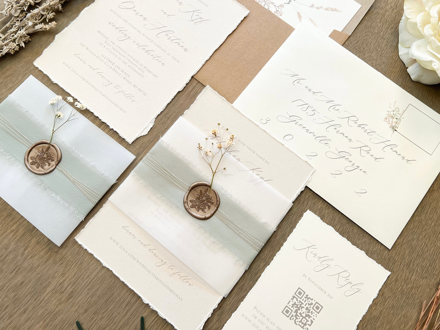 Muted Sage Green Wedding Invitation with Deckled Edging, Vellum, Ribbon, Baby’s Breath and Wax Seal