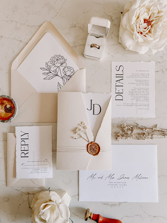 Trifold Monogram Wedding Invitation with Baby’s Breath, Wrap & Wax seal