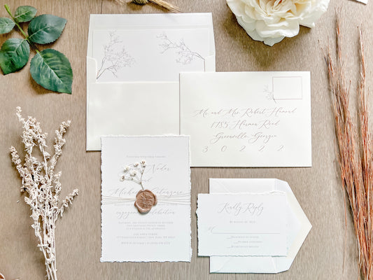 Elegant Ivory Baby’s Breath Wedding Invitation with Deckled Edging, Khaki Thread and Wax Seal
