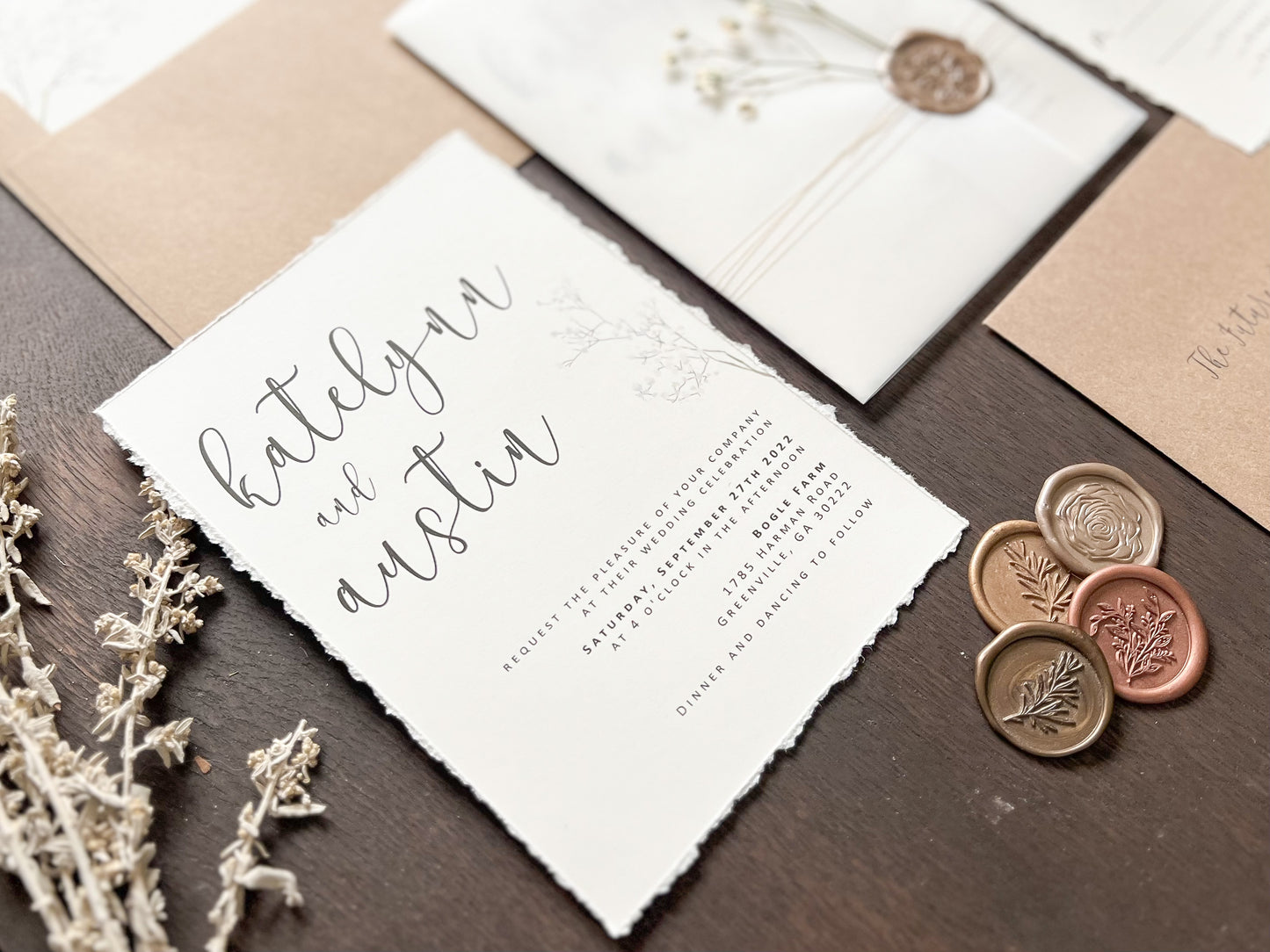 Baby’s Breath Wedding Invitation with Deckled Edging, Vellum Wrap and Wax Seal