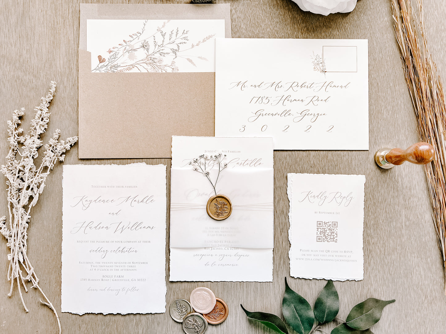 Vintage Ivory Baby’s Breath Wedding Invitation with Deckled Edging, Vellum Belly Band and Wax Seal