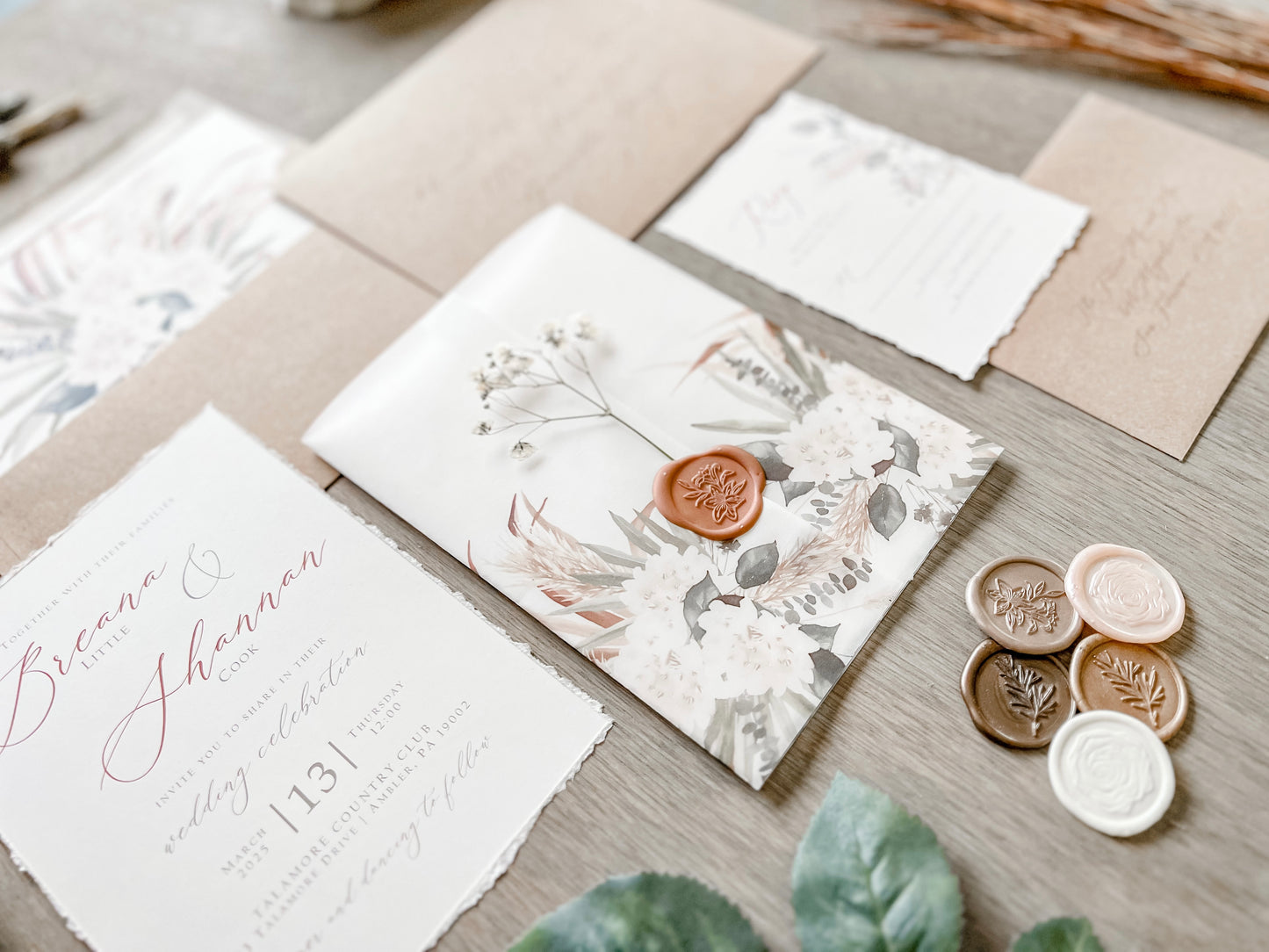 Pampas Grass and White Floral Wedding Invitation with Baby’s Breath, Deckled Edge and Boho Vellum with Wax Seal