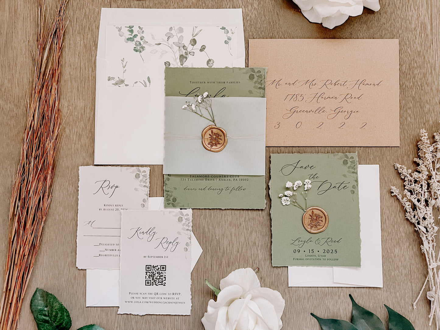 Sage Green and Baby’s Breath Wedding Invitation with Deckled Edging, Vellum Belly Band and Wax Seal
