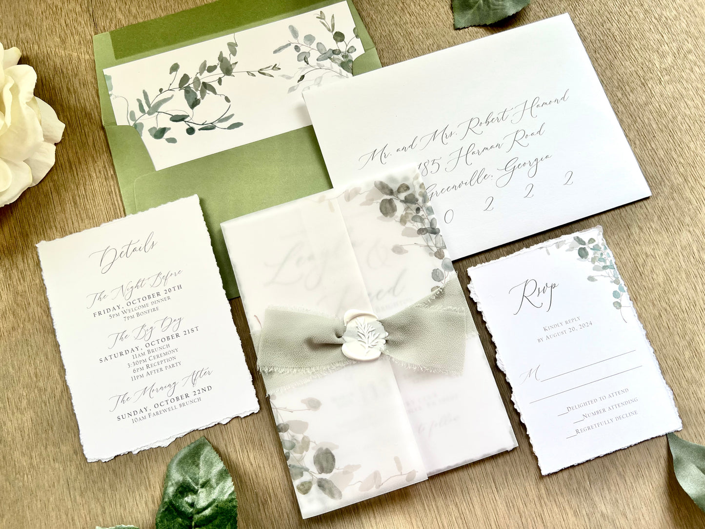 Greenery Vellum Wedding Invitation with Ribbon, Wax Seal & Deckled Edge