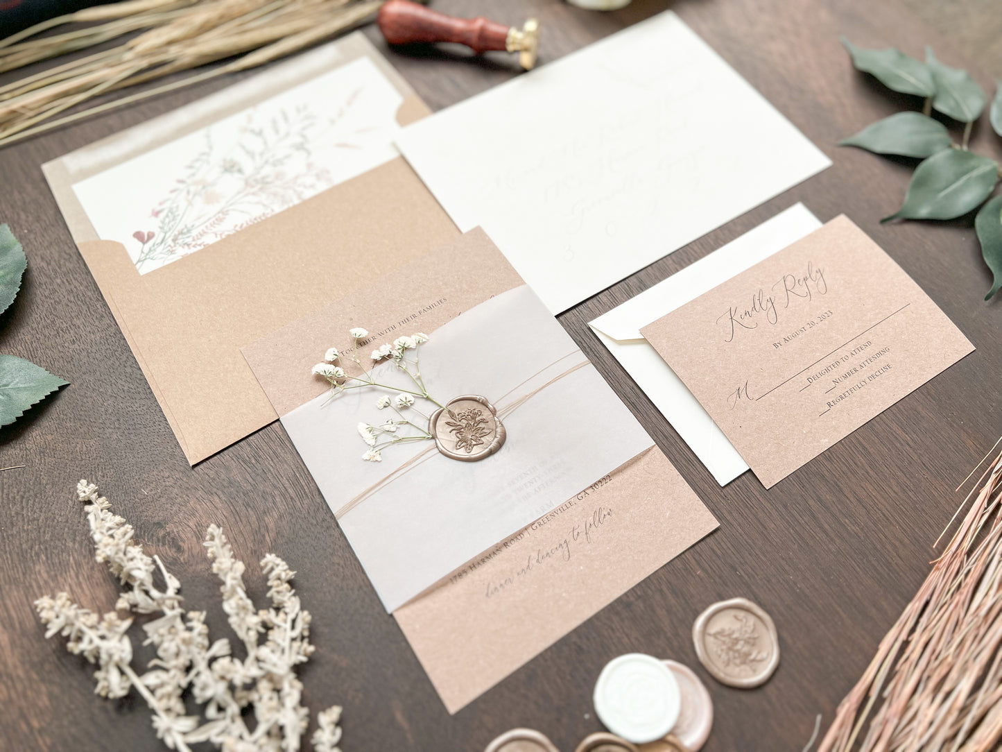 Rustic Kraft Baby’s Breath Wedding Invitation