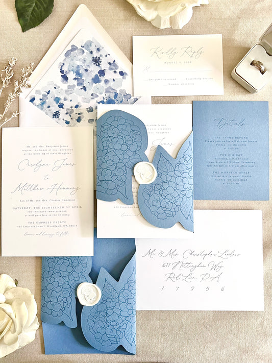 Hydrangea Wedding Invitation with Die Cut Wrap & Wax Seal