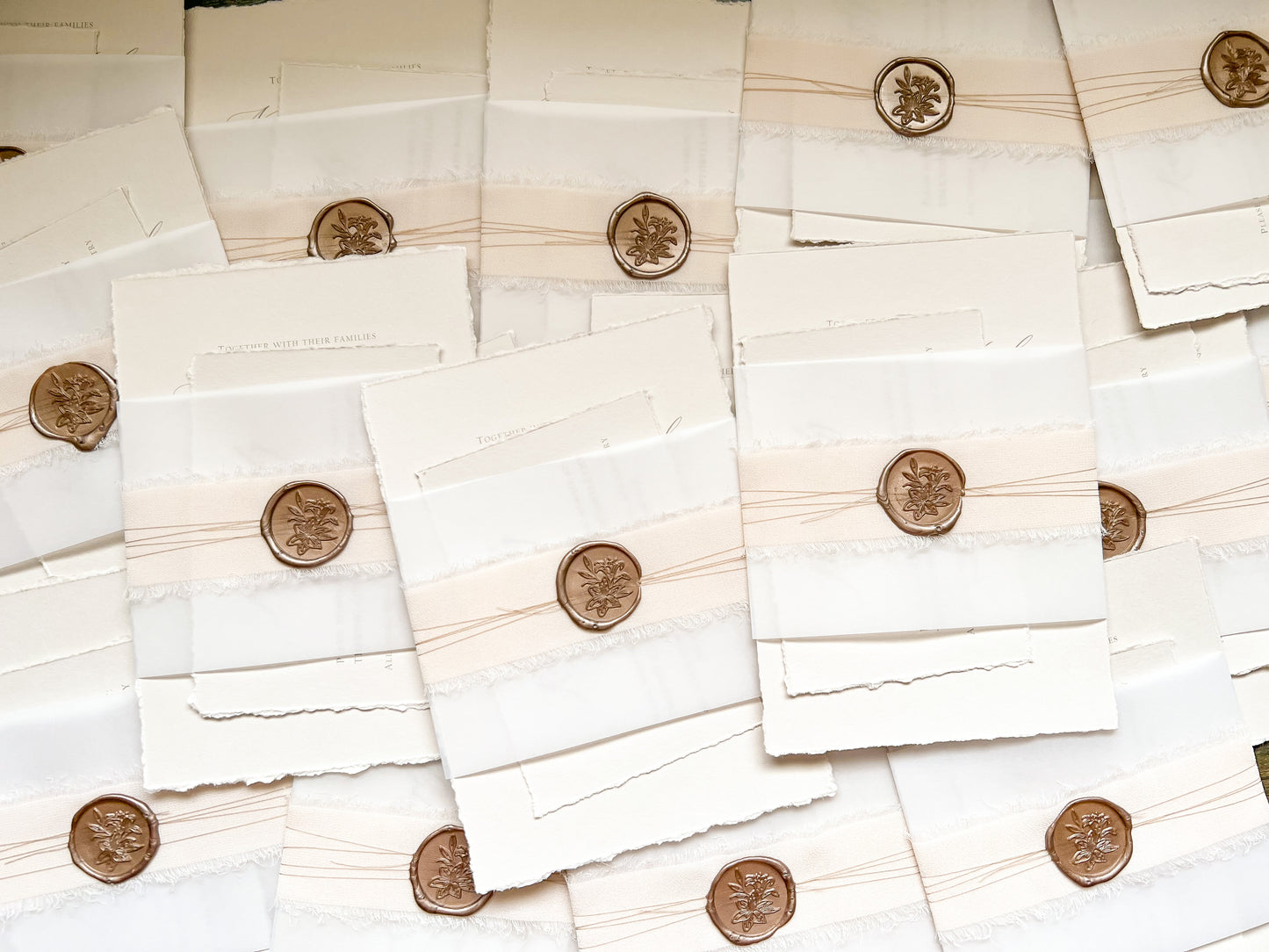Neutral Wedding Invitation with Deckled Edging, Vellum Bellyband, Chiffon Ribbon and Wax Seal