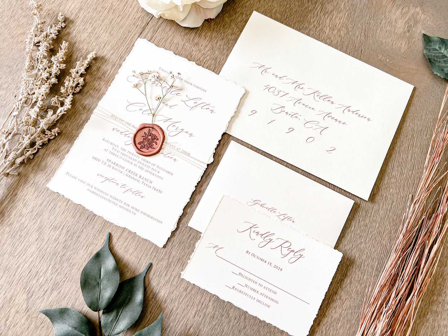 Ivory Baby’s Breath Wedding Invitation with Deckled Edging, Khaki Thread and Copper Wax Seal