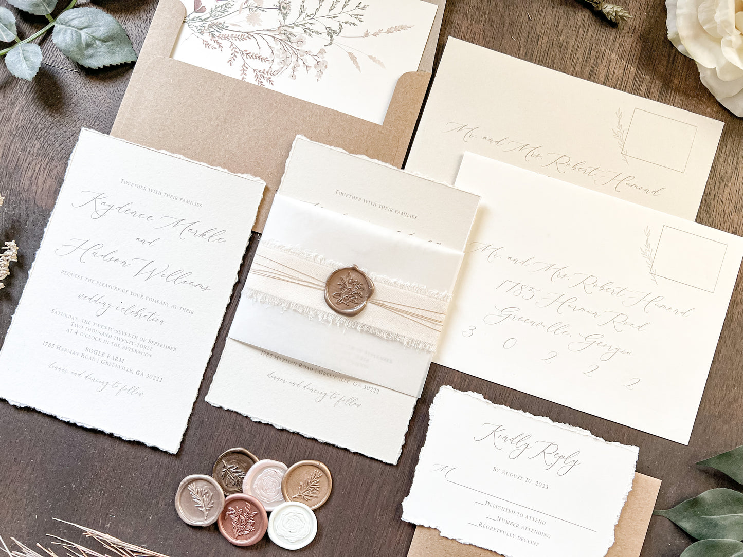Neutral Wedding Invitation with Deckled Edging, Vellum Bellyband, Chiffon Ribbon and Wax Seal