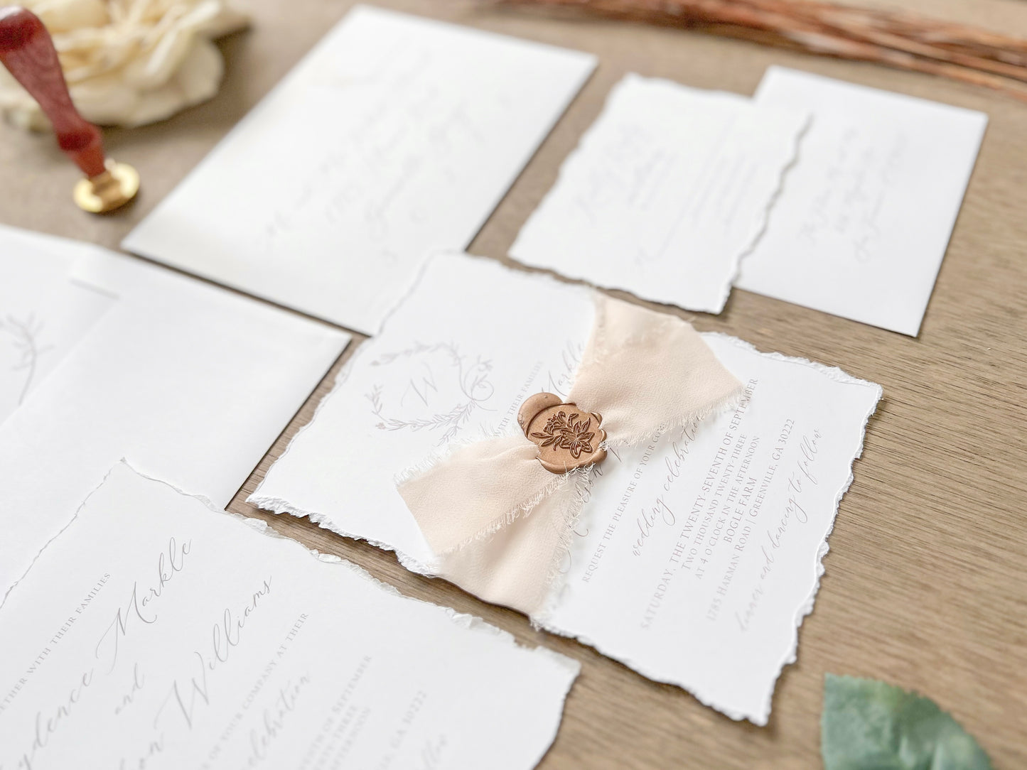 Modern Elegant Wedding Invitation with Light Nude Chiffon & Wax Seal