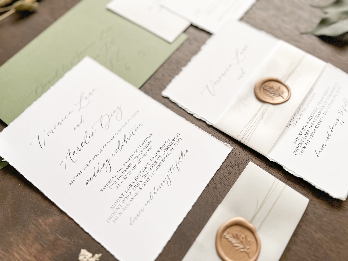 Simple Deckled Edge Wedding Invitation with Vellum and Wax Seal