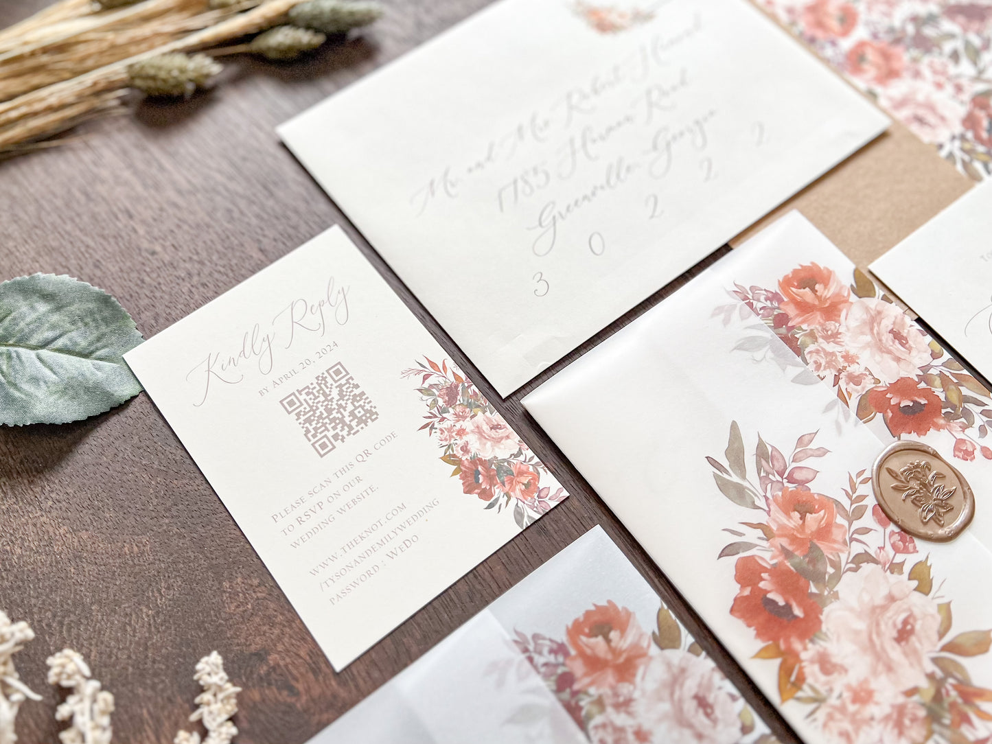 Boho Wedding Invitation wrapped in Vellum & Wax Seal with Copper, Burnt Orange & Rust Foliage