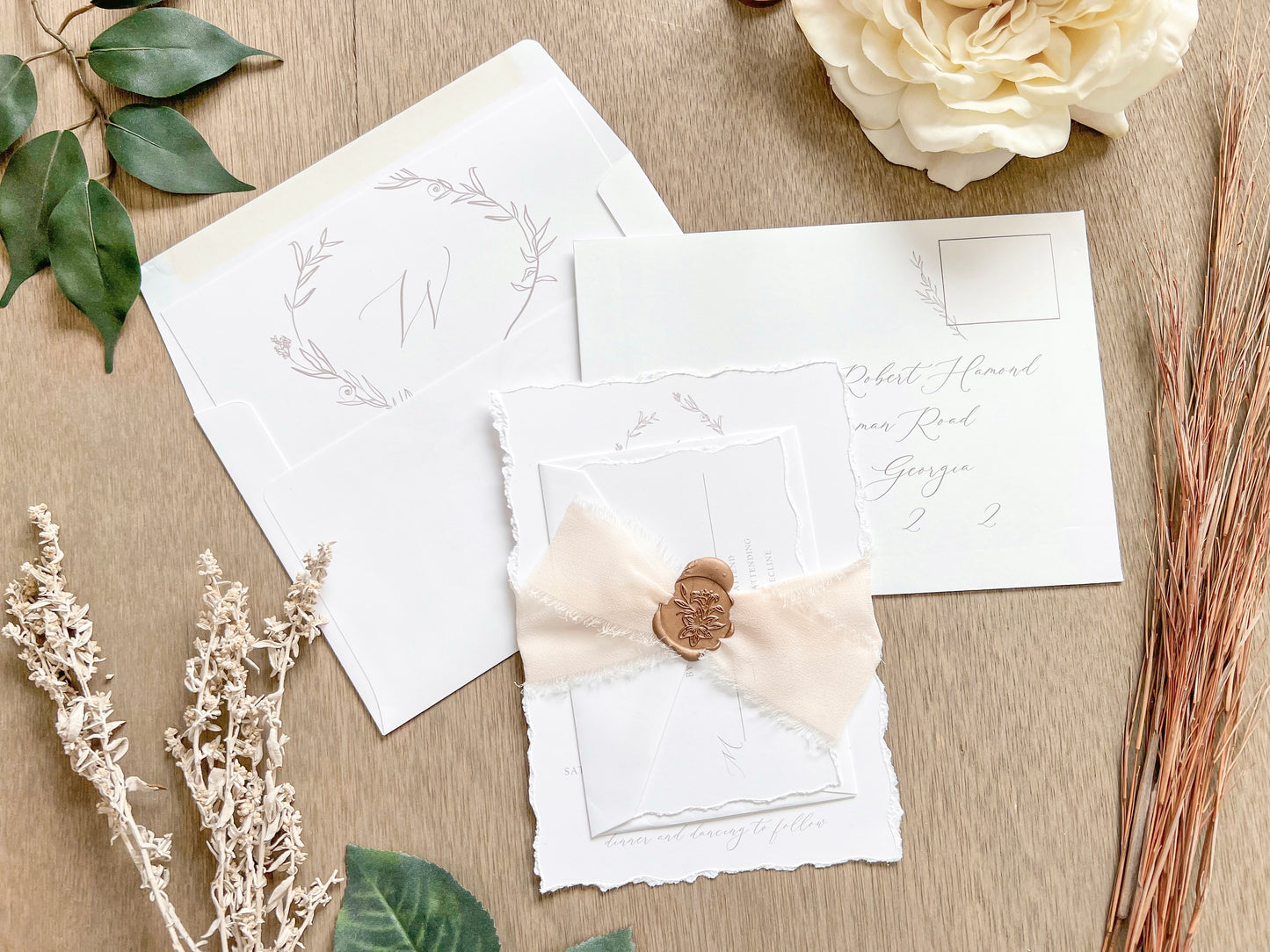 Modern Elegant Wedding Invitation with Light Nude Chiffon & Wax Seal