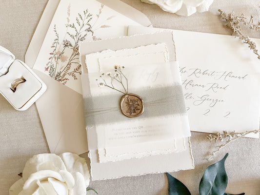 Muted Sage Green Wedding Invitation with Deckled Edging, Vellum, Ribbon, Baby’s Breath and Wax Seal