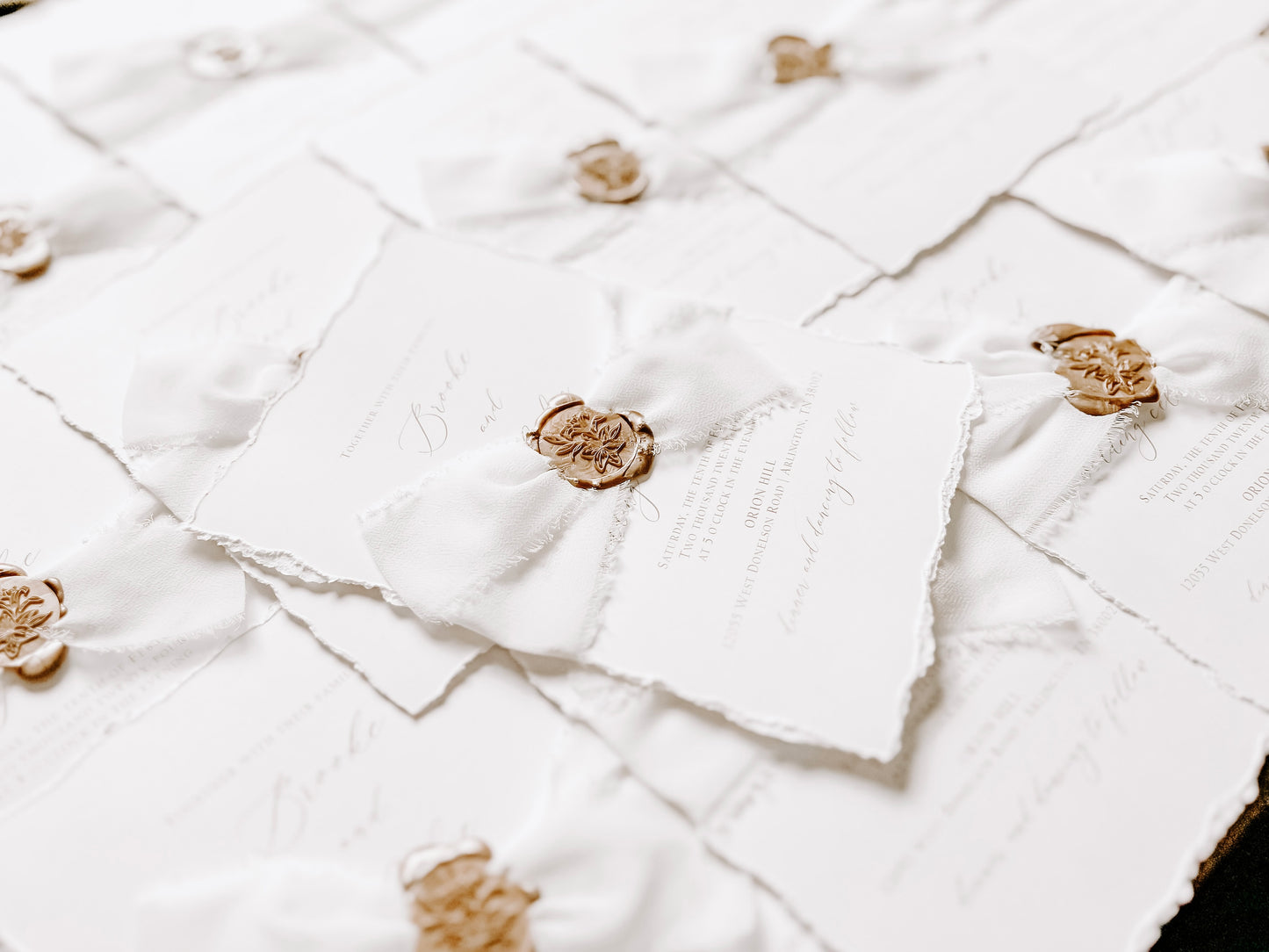Classic Elegant Wedding Invitation with Deckled Edging, White Chiffon Ribbon & Wax Seal