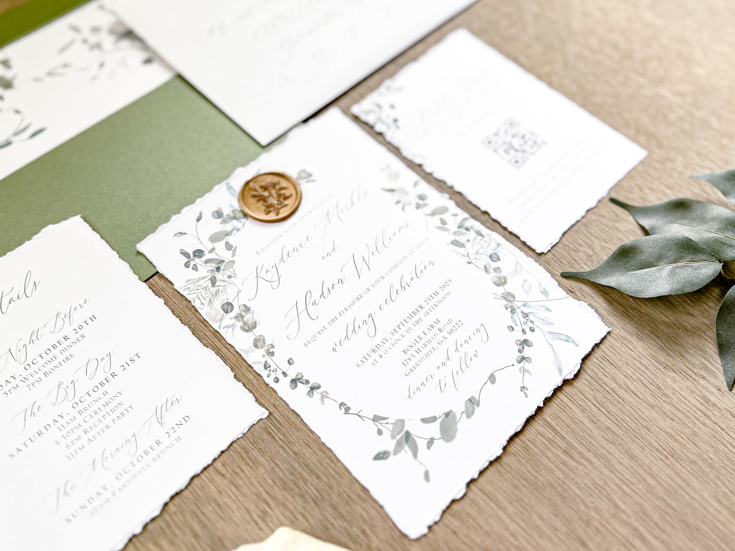 Minimalist Greenery Wedding Invitation with Deckled Edge and Antique Gold Wax Seal