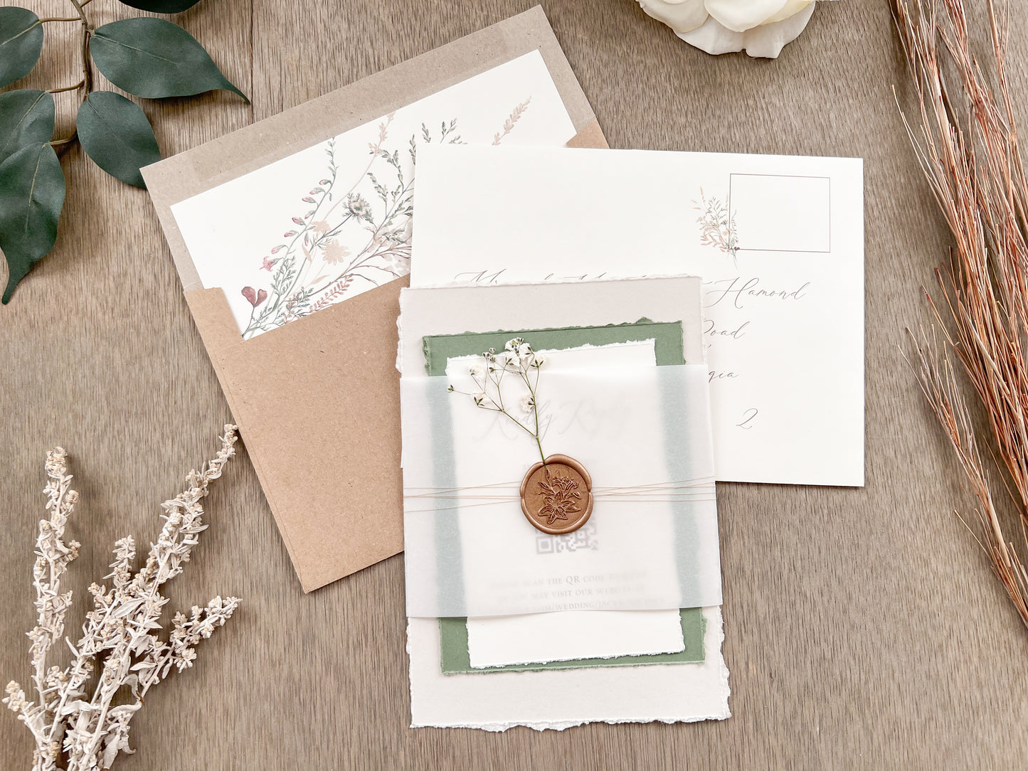 Baby’s Breath Wedding Invitation with Deckled Edging, Baby’s Breath, Vellum and Wax Seal