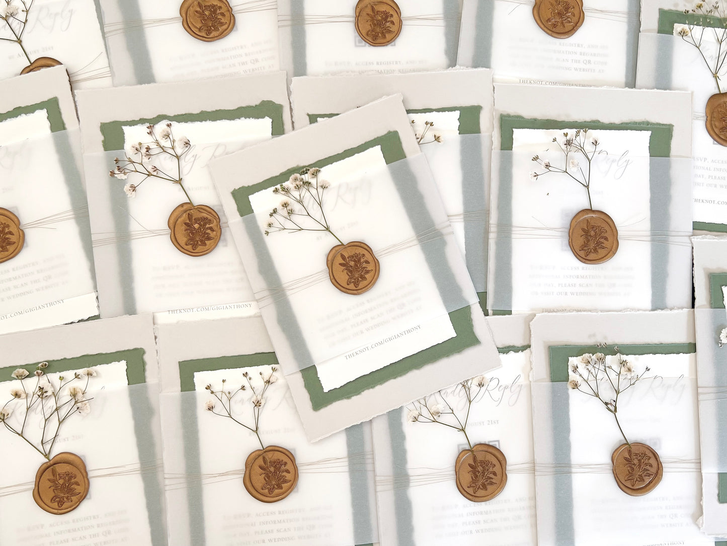 Baby’s Breath Wedding Invitation with Deckled Edging, Baby’s Breath, Vellum Belly Band and Wax Seal