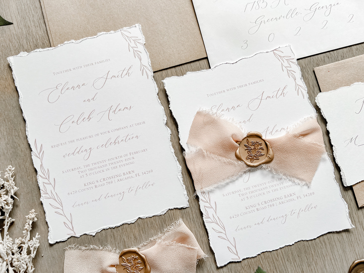 Light Brown Ribbon Wedding Invitation with Deckled Edging, Chiffon Ribbon & Antique Gold Wax Seal