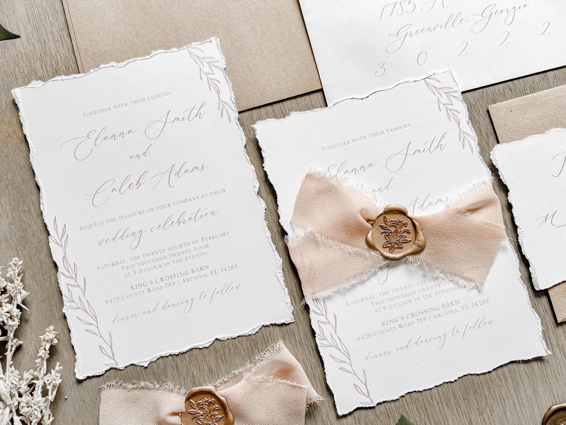 Light Brown Ribbon Wedding Invitation with Deckled Edging, Chiffon Ribbon & Antique Gold Wax Seal