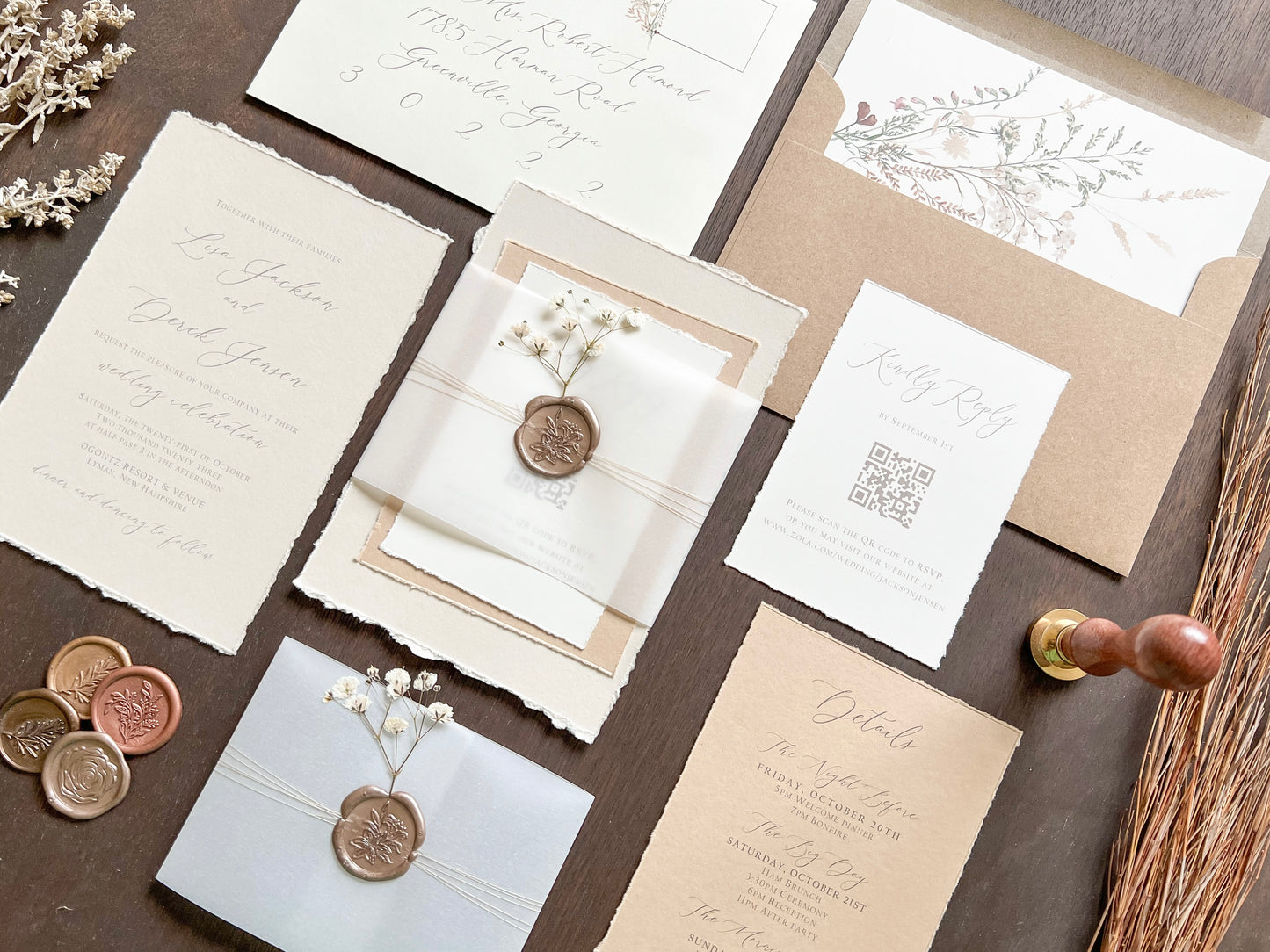 Neutral Baby’s Breath Wedding Invitation with Deckled Edging, Vellum and Wax Seal