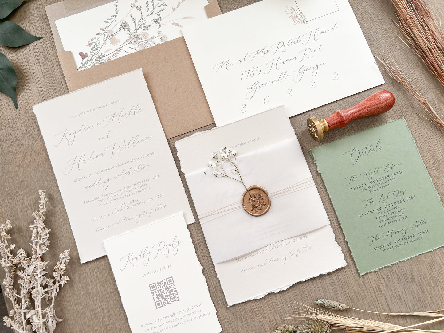 Baby’s Breath Wedding Invitation with Deckled Edging, Baby’s Breath, Vellum and Wax Seal