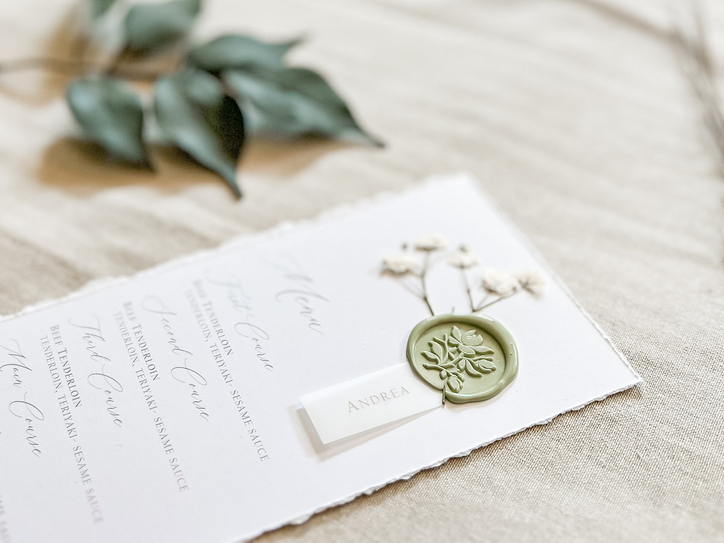 Wedding Menus with Vellum Name Tag, Baby’s Breath and Wax Seal