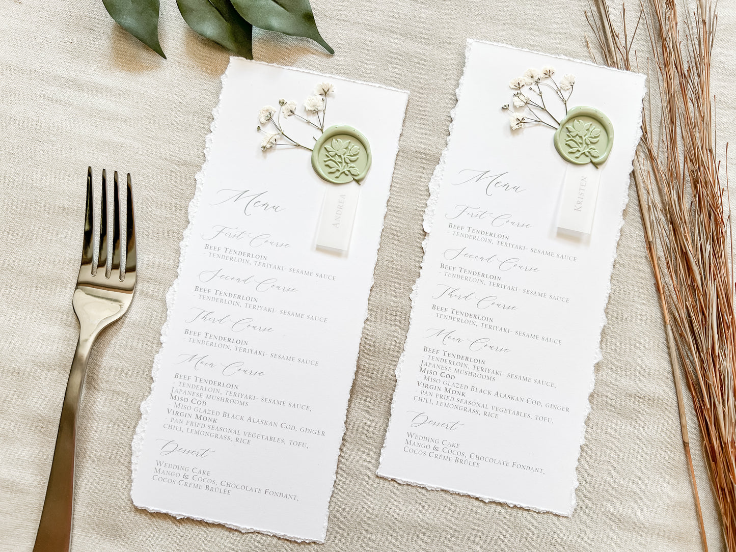 Wedding Menus with Vellum Name Tag, Baby’s Breath and Wax Seal